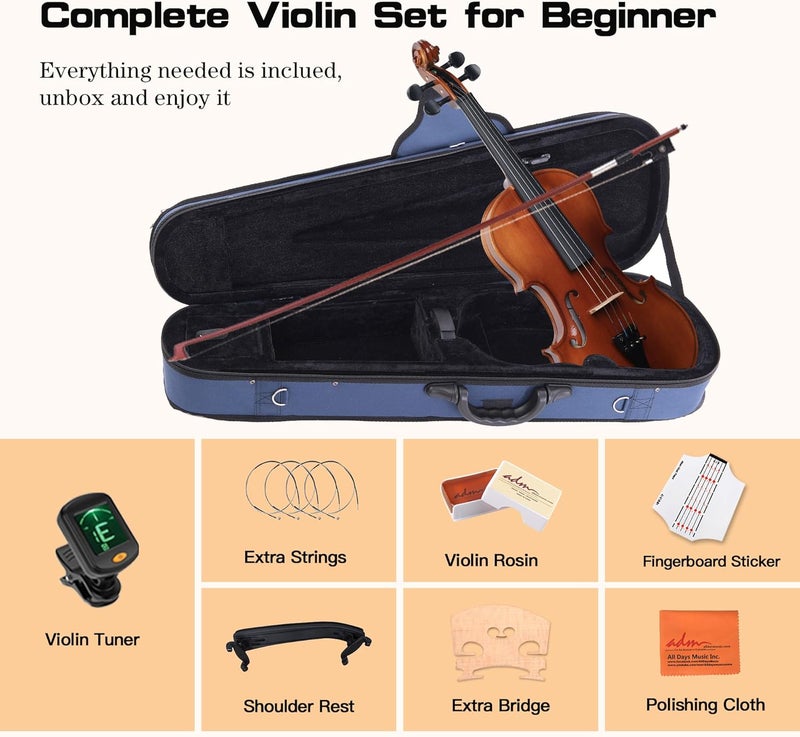 ADM 3/4 Size Wood Violin Set for Kids Teens Students Adults Beginner Acoustic Violin Matte Fiddle Starter Kit with Hard Case, Rosin, Shoulder Rest, Bow, Clip-on Tuner and Fingerboard Sticker - Image 2